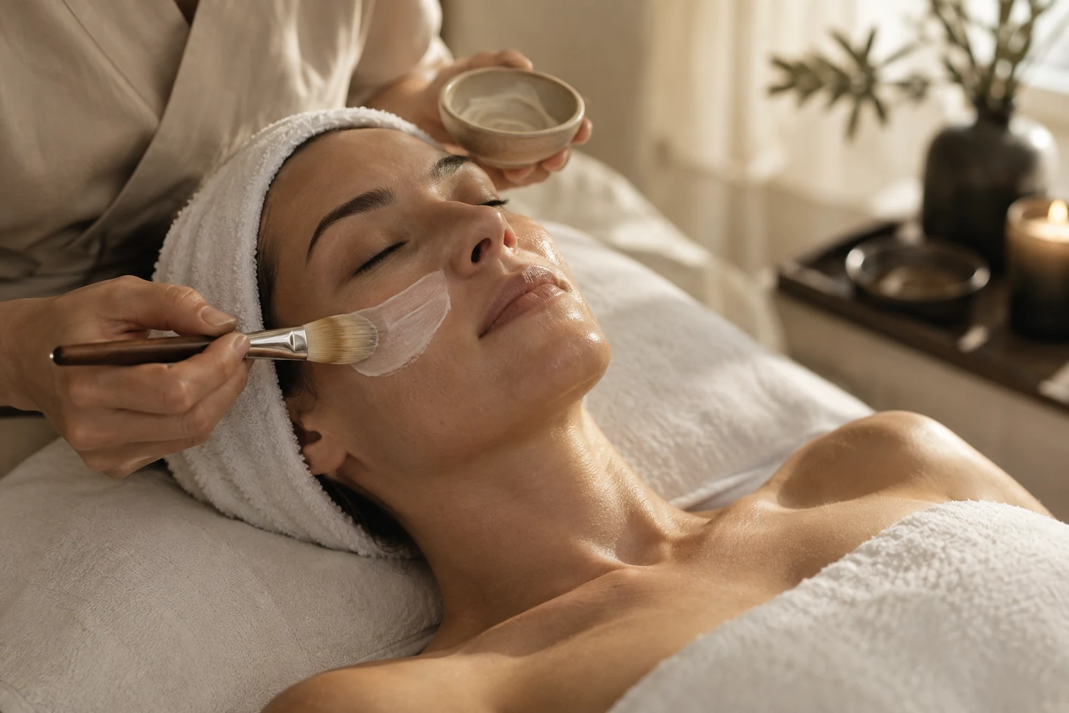 Entspannte Gesichtsbehandlung in einem warmen, ruhigen Beauty Atelier