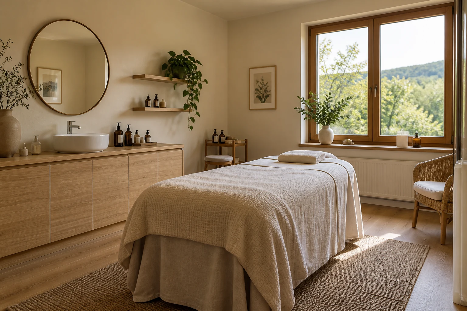 Helles Beauty Atelier mit Behandlungsplatz, Holz und natürlichen Materialien