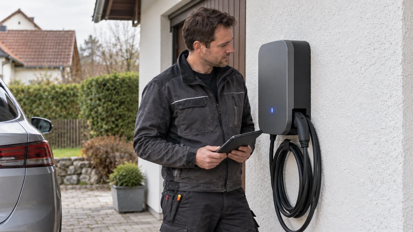 Elektriker an einer Wallbox mit Ladekabel vor einem Haus auf dem Land