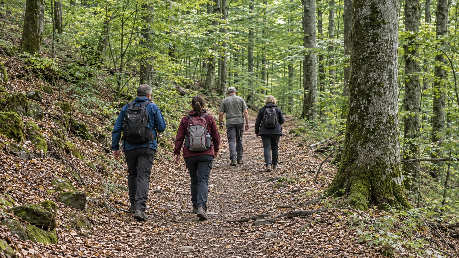 Eine kleine Wandergruppe auf einem Waldweg zwischen hohen Buchen