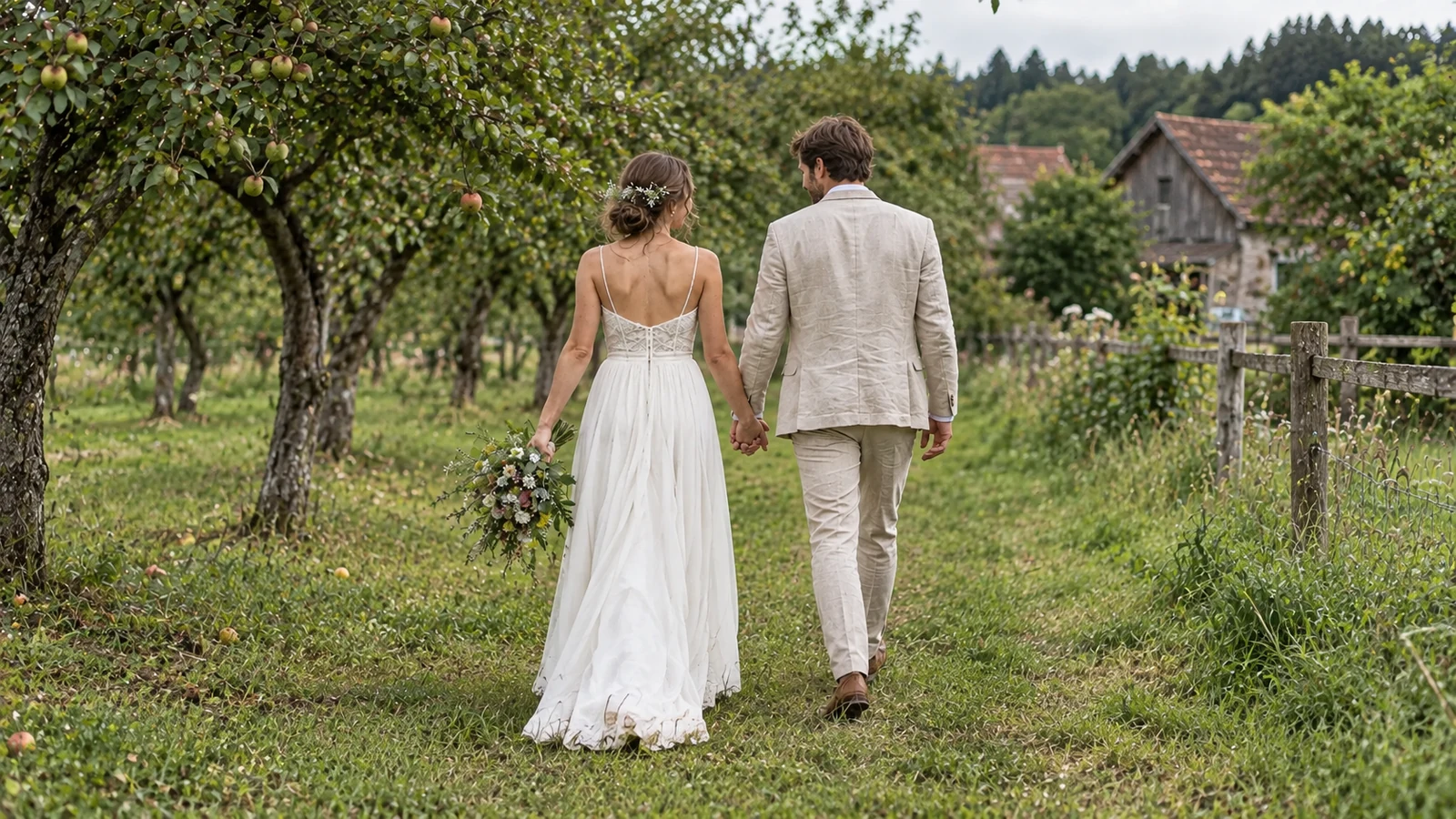 Brautpaar geht Hand in Hand durch einen sommerlichen Obstgarten, von hinten gesehen