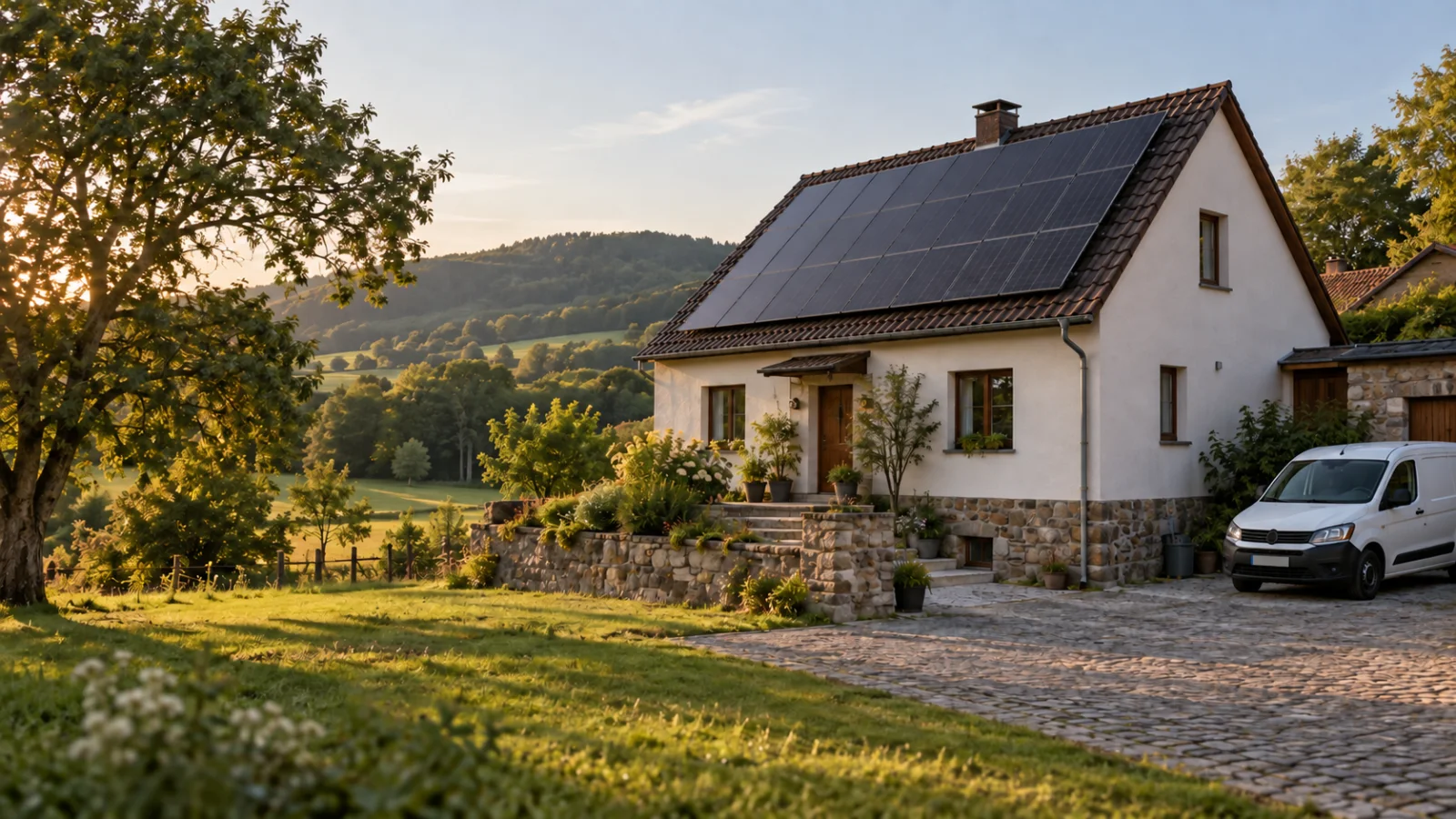 KI-Konzeptmotiv: Wohnhaus mit Solardach und weißem Handwerkerfahrzeug in ländlicher Umgebung.
