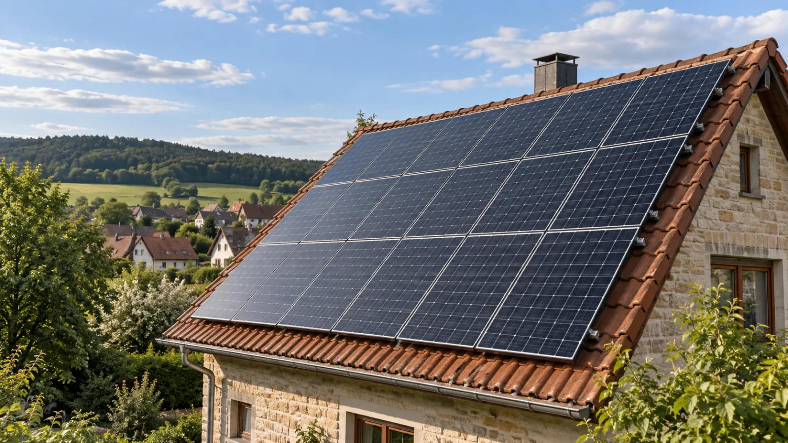 KI-Beispiel: Solarmodule auf dem Dach eines Hauses im Grünen