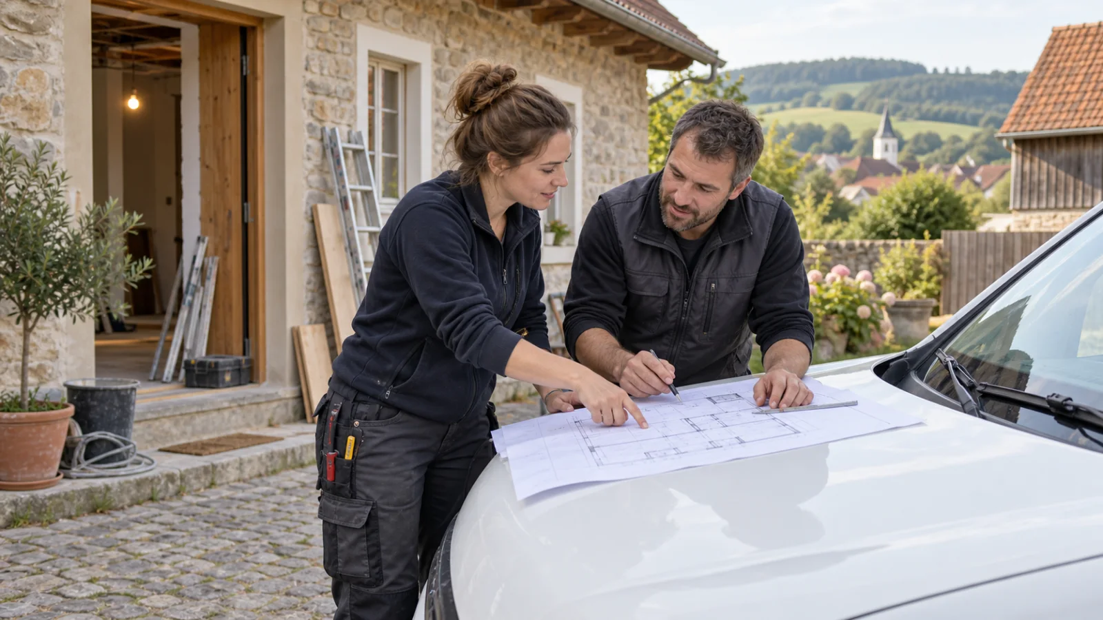 KI-Konzeptfoto: Zwei fiktive Elektrofachkräfte besprechen ein Vorhaben neben einem Servicefahrzeug.