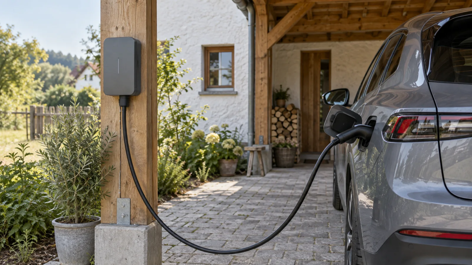 KI-Beispiel: Elektroauto und Wallbox an einem ländlichen Wohnhaus