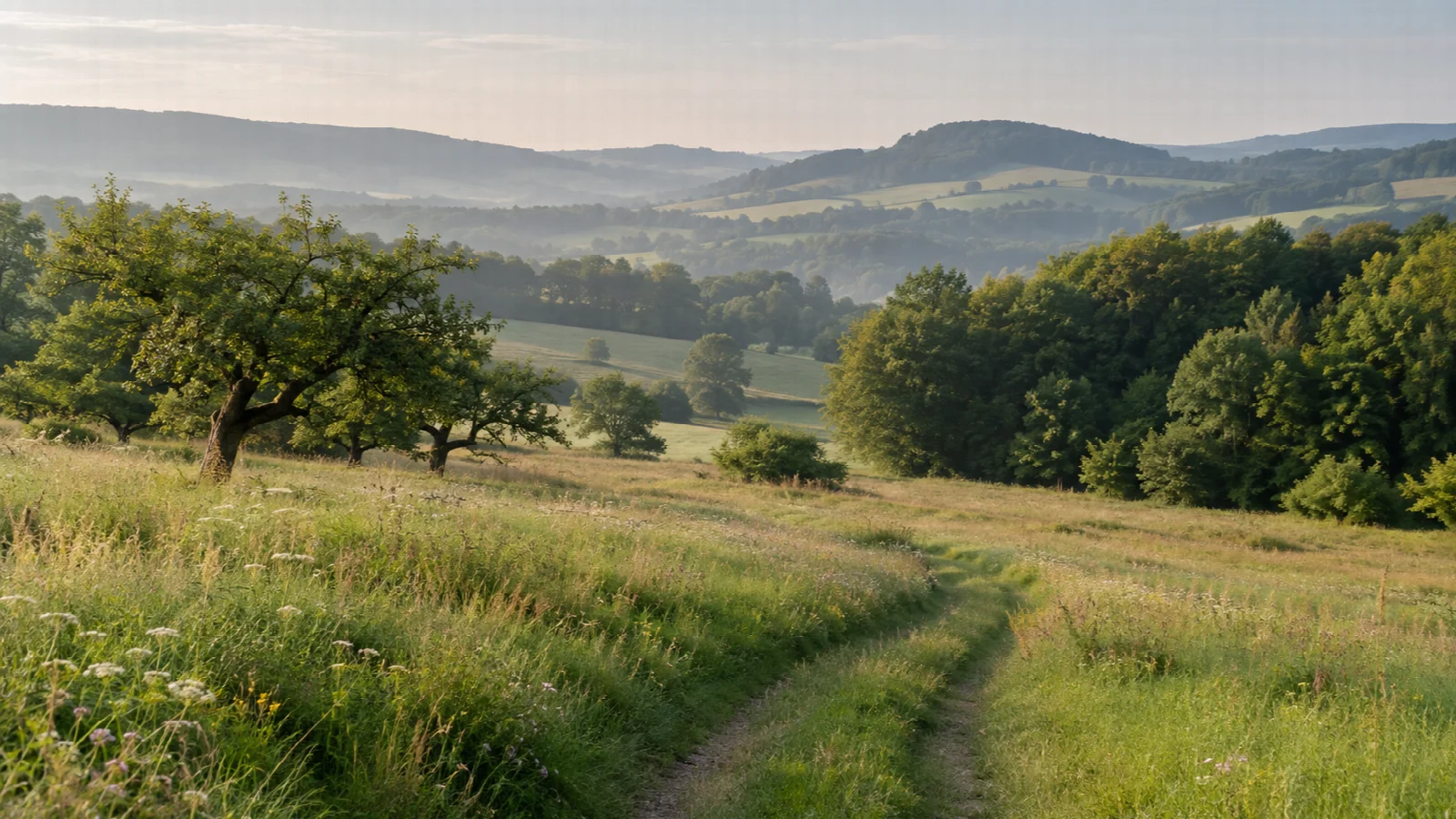 Wiesenweg zwischen sanften bewaldeten Hügeln – KI-generiertes Symbolbild ohne konkreten Ortsbezug