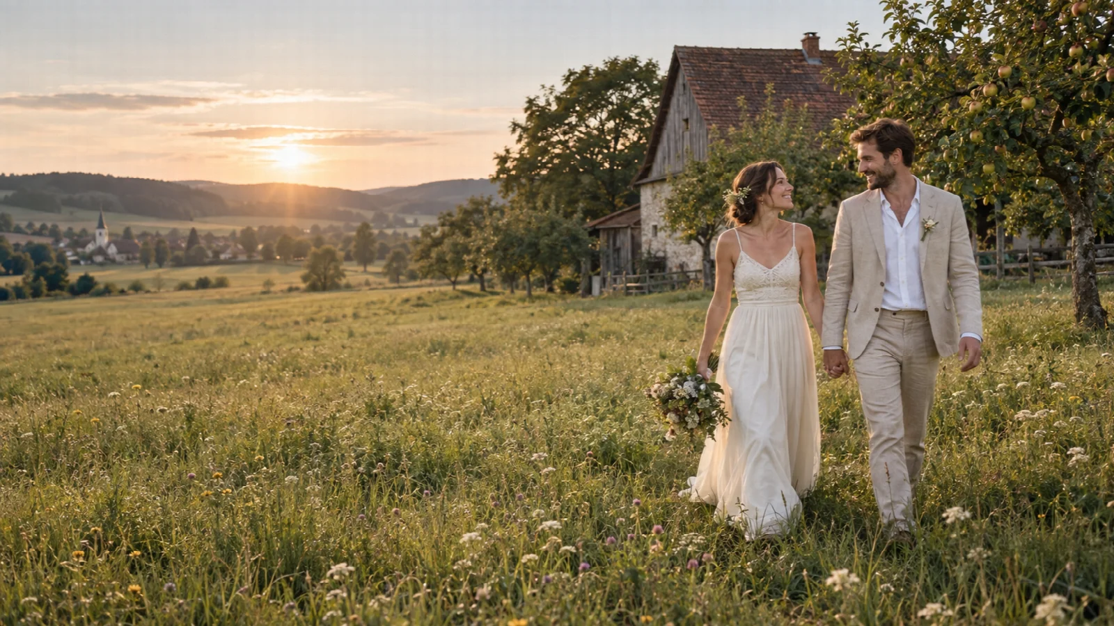 KI-Konzeptmotiv: Ein Hochzeitspaar spaziert im Abendlicht über eine Wiese an einem Landhaus.