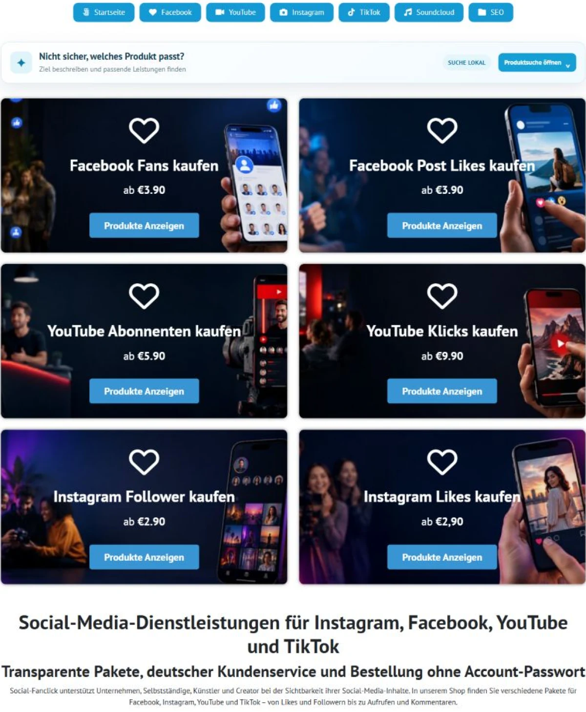Öffentlicher Startseitenausschnitt von Social-Fanclick mit Kategorienavigation und Angebotsübersicht.